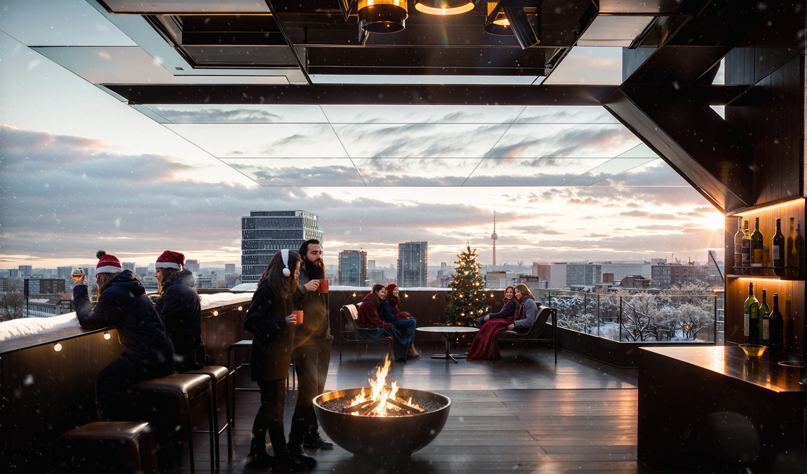Weihnachtsfeier im LUX Berlin. Mehrere Menschen stehen auf einer Terrasse und trinken gemeinsam Glühwein. Die Umgebung ist weihnachtlicht dekoriert.