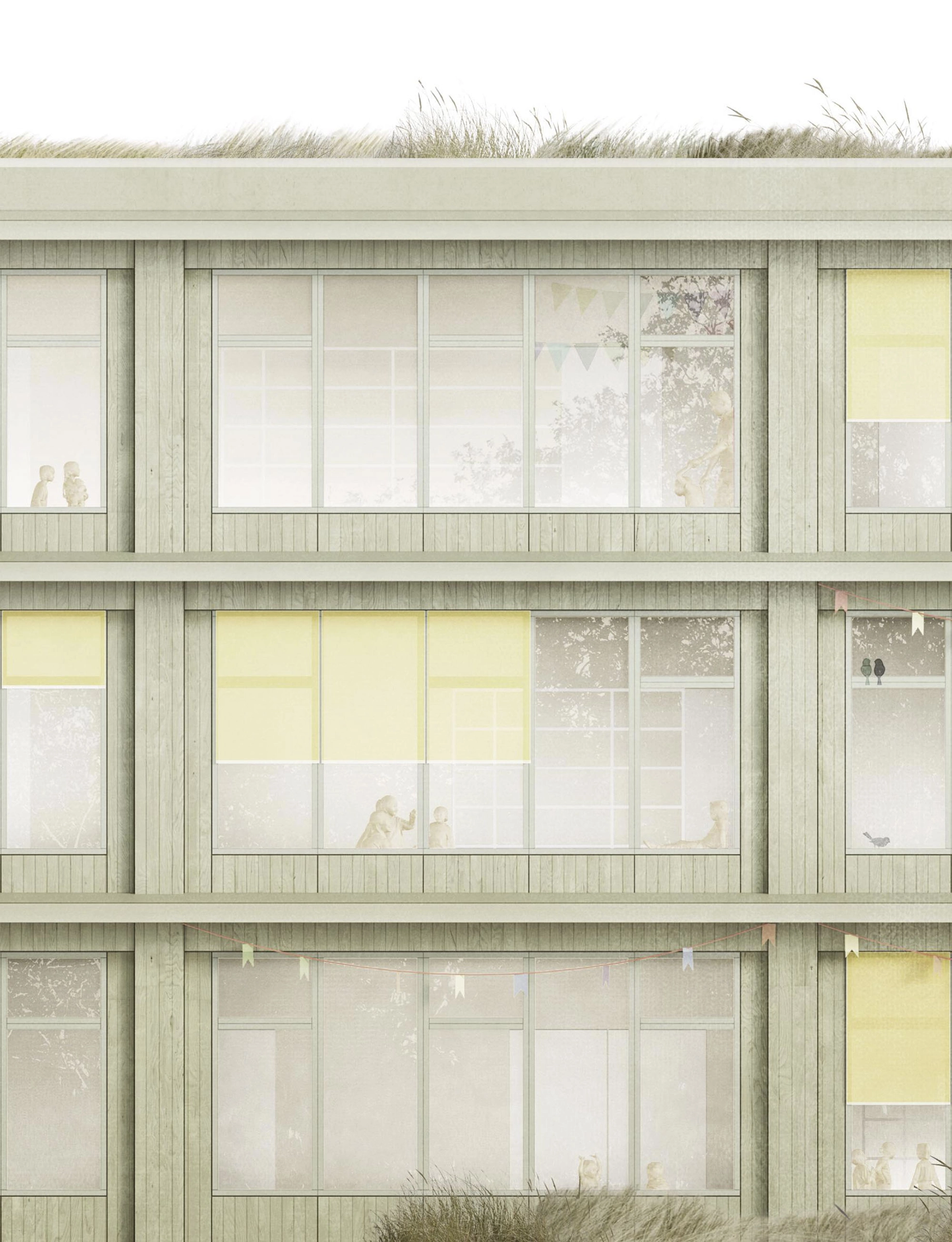 Detailansicht einer nachhaltigen Schulgebäude-Fassade mit Holzverkleidung und großen Glasflächen. Die dreigeschossige Konstruktion kombiniert moderne Architektur mit ökologischen Elementen wie einer extensiven Dachbegrünung. Die bodentiefen Fenster sorgen für maximale Tageslichtnutzung und verbinden Innen- und Außenraum visuell. Farbige Sonnenschutzsysteme setzen Akzente und verbessern die Energieeffizienz des Gebäudes. Die Holzfassade verleiht dem Schulneubau eine natürliche Ästhetik und unterstreicht das nachhaltige Baukonzept.
