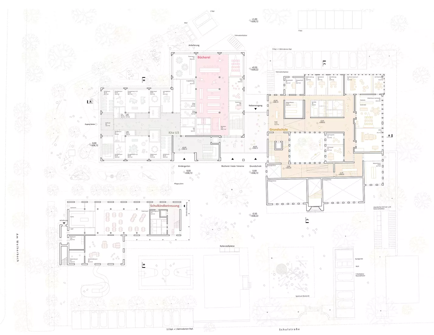 Architektonischer Lageplan eines modernen Bildungscampus mit detaillierten Grundrissen. Die Zeichnung zeigt die räumliche Anordnung von Schulgebäuden, Gemeinschaftsbereichen, Sportflächen und Außenanlagen. Durchdachte Wegeführung, Grünflächen und Parkplatzstrukturen unterstreichen das nachhaltige und funktionale Architekturkonzept.