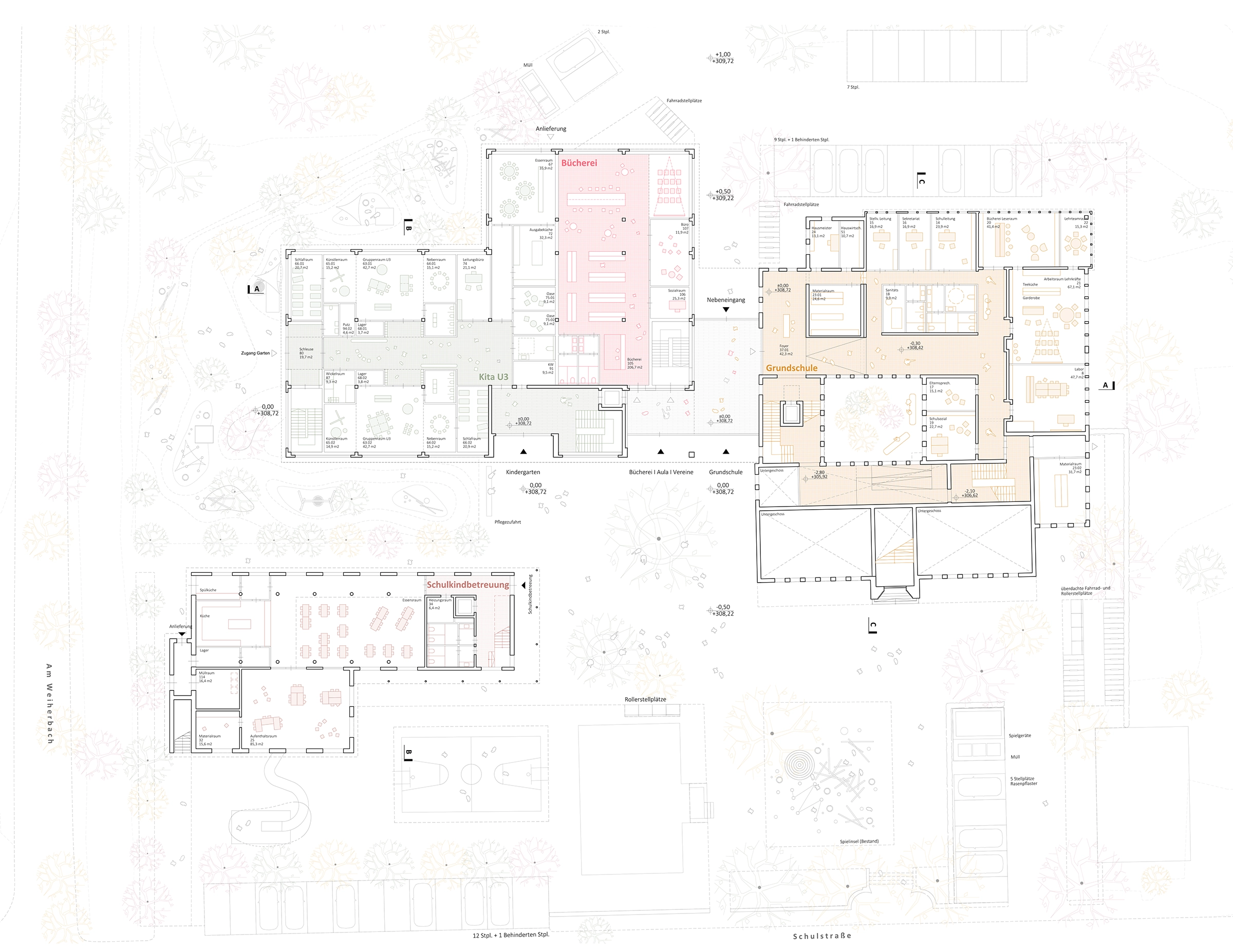 Architektonischer Lageplan eines modernen Bildungscampus mit detaillierten Grundrissen. Die Zeichnung zeigt die räumliche Anordnung von Schulgebäuden, Gemeinschaftsbereichen, Sportflächen und Außenanlagen. Durchdachte Wegeführung, Grünflächen und Parkplatzstrukturen unterstreichen das nachhaltige und funktionale Architekturkonzept.