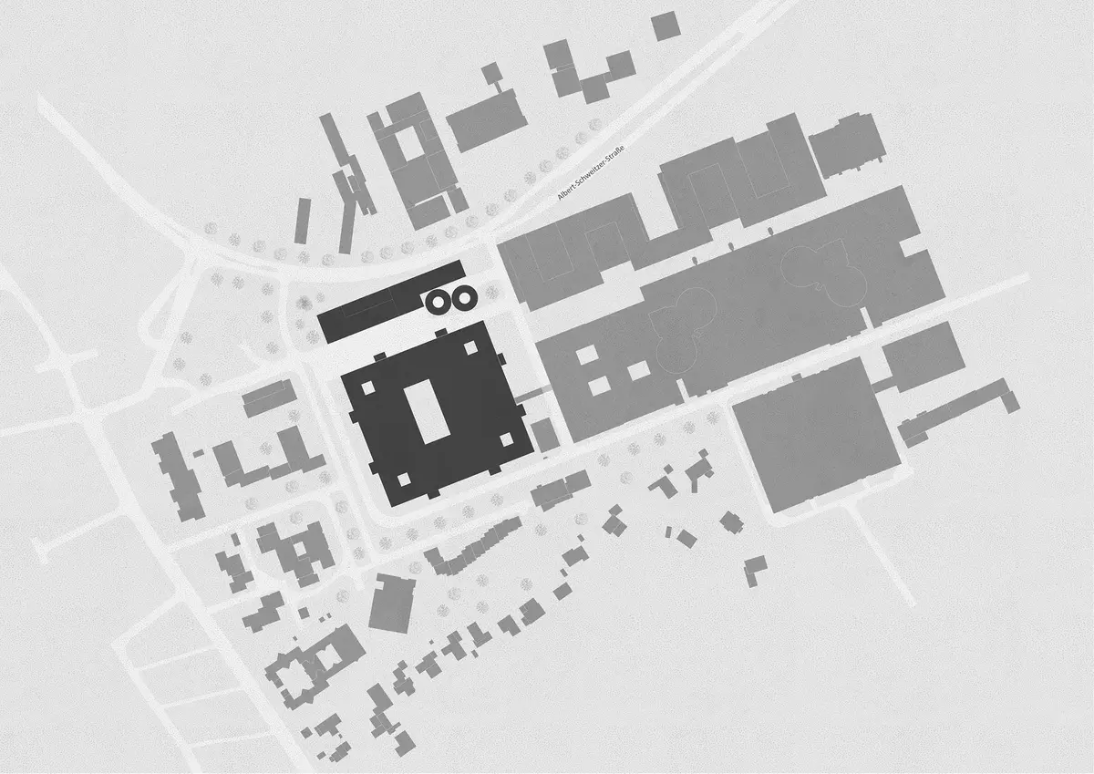 Architektonischer Lageplan eines modernen Gebäudekomplexes mit markanten Strukturen und klaren Linien. Die schematische Darstellung hebt zentrale Baukörper hervor und zeigt die Verbindungselemente zwischen den einzelnen Gebäuden. Durch die farblichen Akzente werden wichtige architektonische Elemente wie Durchgänge, Wege oder Funktionsbereiche hervorgehoben.