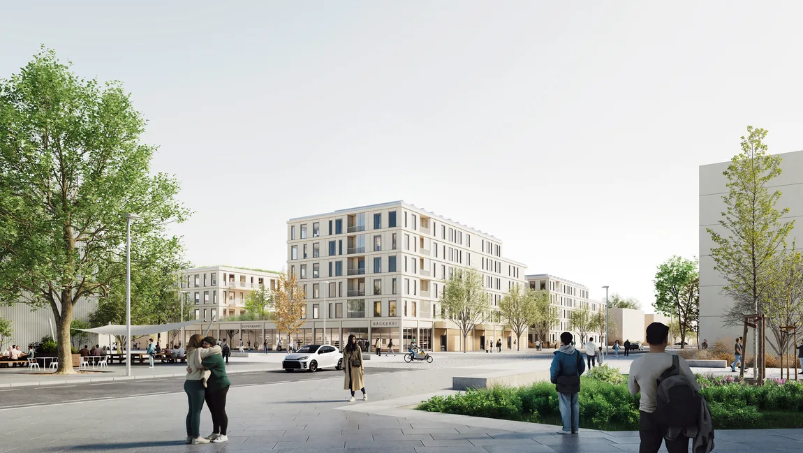 Visualisierung eines urbanen Platzes im neuen Stadtquartier „urban dot“ in Bonn-Dottendorf mit moderner, heller Wohnbebauung, belebtem Supermarkt- und Bäckerei-Café im Erdgeschoss, umgeben von Bäumen, Sitzgelegenheiten und Menschen in entspannter Atmosphäre.