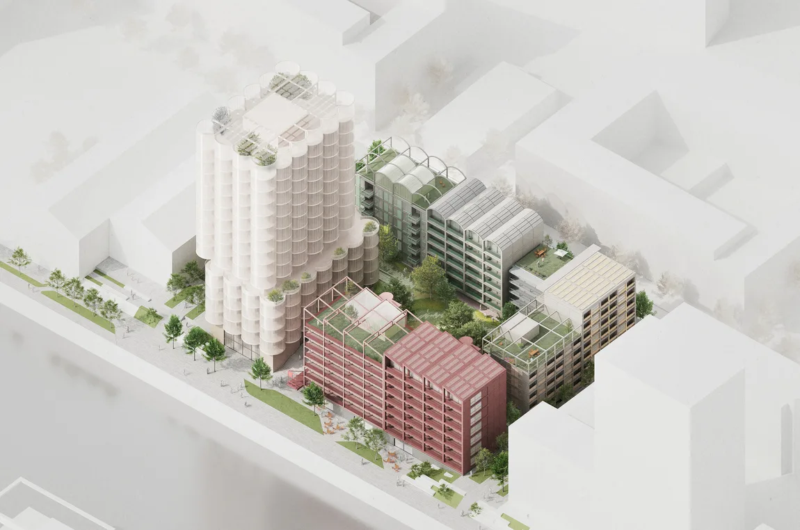 Axonometrische Visualisierung des prämierten Entwurfs für das Baufeld 05 im Deutzer Hafen, Köln. Im Vordergrund ein skulpturaler, runder Hochpunkt mit begrüntem Dach und öffentlicher Erdgeschosszone. Dahinter gruppieren sich unterschiedlich hohe Baukörper mit klar strukturierten Fassaden, begrünten Dächern und einem zentralen, begrünten Innenhof. Die Komposition schafft ein lebendiges, urbanes Ensemble mit industriellen Anklängen und durchlässigen Freiräumen.