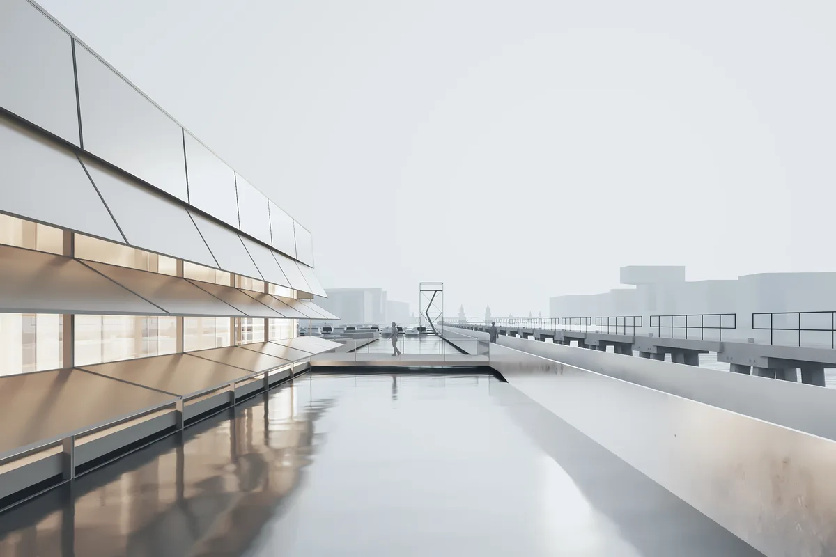 Architekturvisualisierung eines modernen Wasserbauprojekts mit langgestrecktem, horizontal gegliedertem Baukörper, großzügigen Glasfassaden und auskragenden Sonnenschutzlamellen entlang einer spiegelnden Wasserfläche; klare Linienführung, minimalistische Materialien, barrierefreier Steg mit Geländer und urbanem Skyline-Hintergrund.