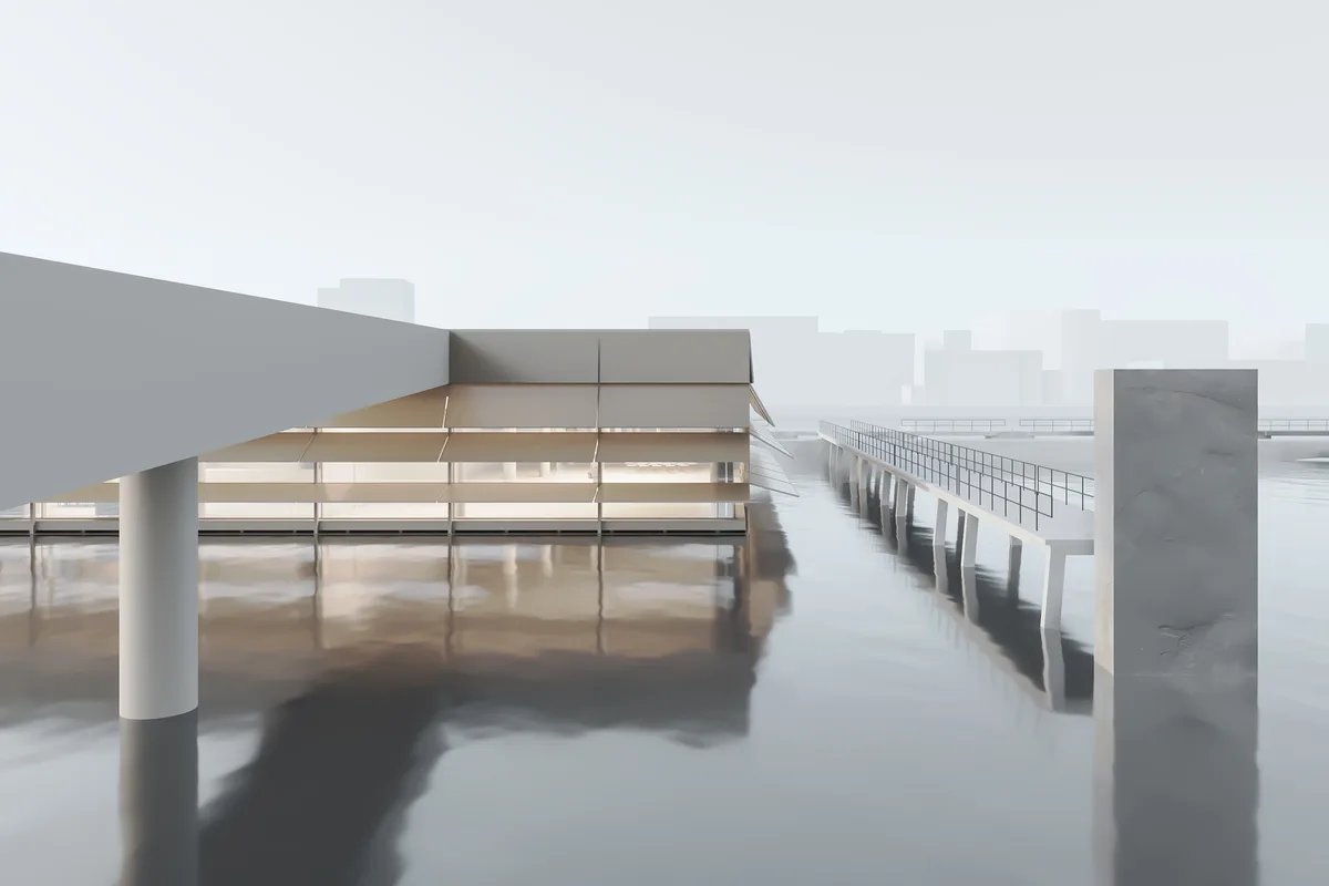 Visualisierung eines modernen Wasserbauwerks mit minimalistischer Uferbebauung, Steg und aufgeständerter Plattform über der Wasserfläche.