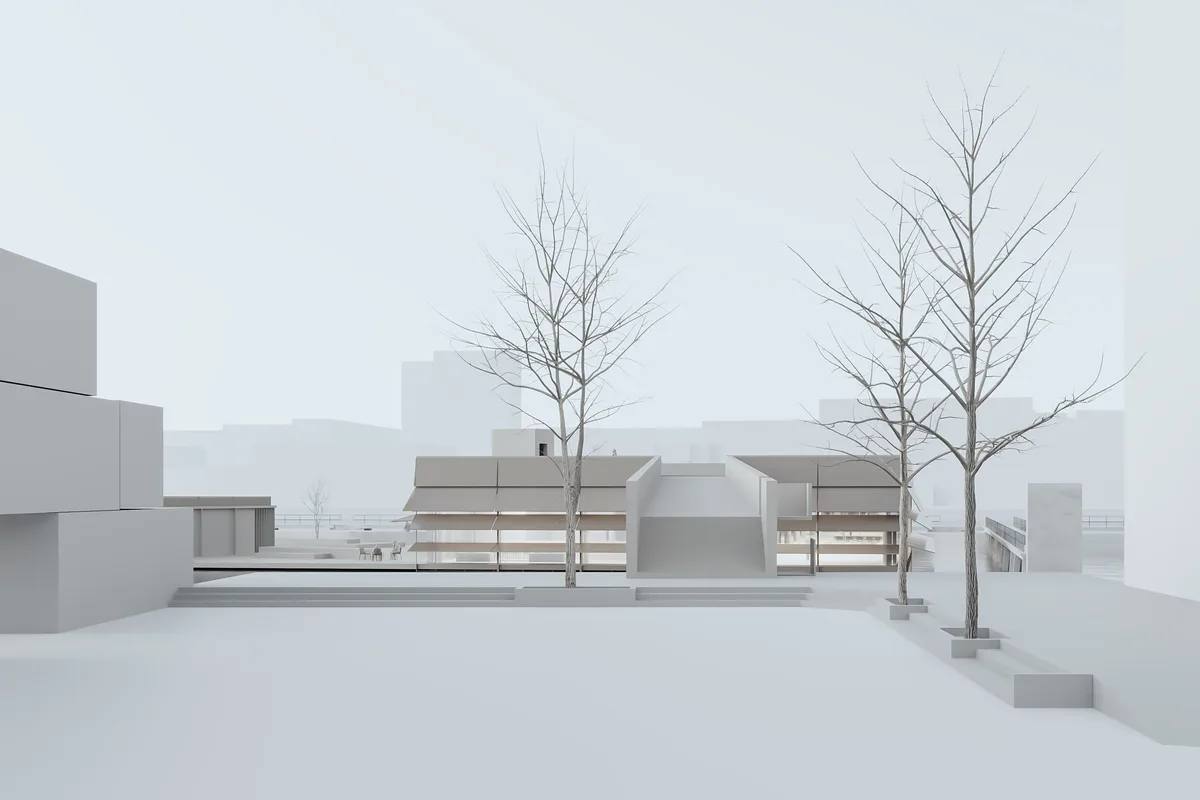 Architekturmodell eines modernen städtischen Platzes mit minimalistischen Gebäuden, großzügiger Freitreppe, symmetrischer Wegeführung und kahlen Bäumen im Vordergrund.