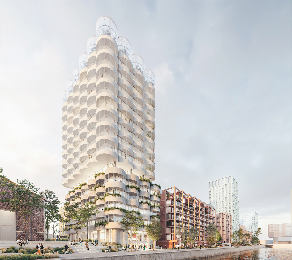 Visualisierung eines modernen weißen Hochhauses. Das Gebäude ist architektonisch auffälig, mit vielen runden, übereinander gestapelten Balkonen und Fassadenelementen, die an Zylinder oder Röhren erinnern. Es gibt viele Pflanzen und grüne Bereiche auf verschiedenen Ebenen. Am unteren Rand sind Menschen und Bäume erkennbar, was auf eine belebte urbane Umgebung hindeutet. Neben dem Hochhaus steht ein kleineres Gebäude mit roter Fassade im ähnlichen Stil.
