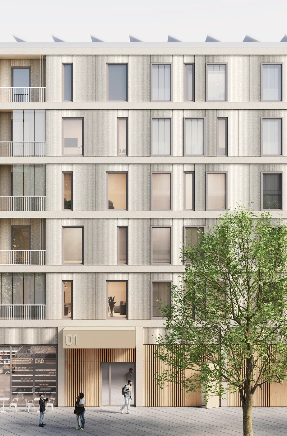 Architektonische Fassadenzeichnung des Urban.Dot von &MICA Architekten. Moderne Gebäude-Fassade aus Holz mit vielen Fenstern, Balkonen und vertikalen sowie horizontalen Linien. Im Erdgeschoss befindet sich eine beschriftete Fläche mit der Nummer „01“ und ein kleiner Gastronomiebereich mit Tischen. Mehrere Menschen laufen oder stehen vor dem Gebäude, rechts steht ein Baum mit grünem Laub.