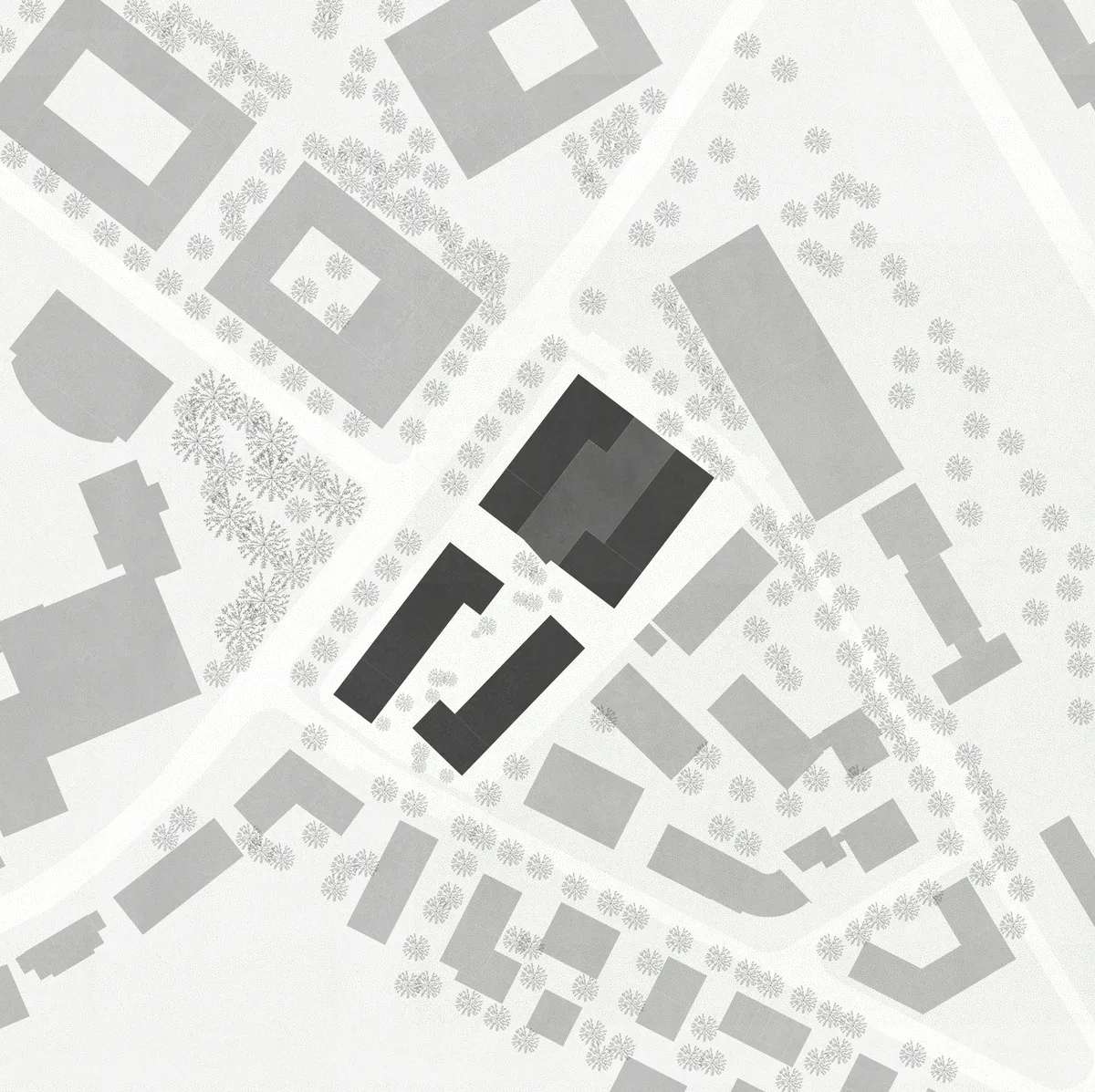 Lageplan von Urban.Dot Bonn von &MICA Architekten bestehend aus mehreren grauen und schwarzen Rechtecken, die Gebäude darstellen, und kleineren Symbolen für Bäume oder Grünflächen.