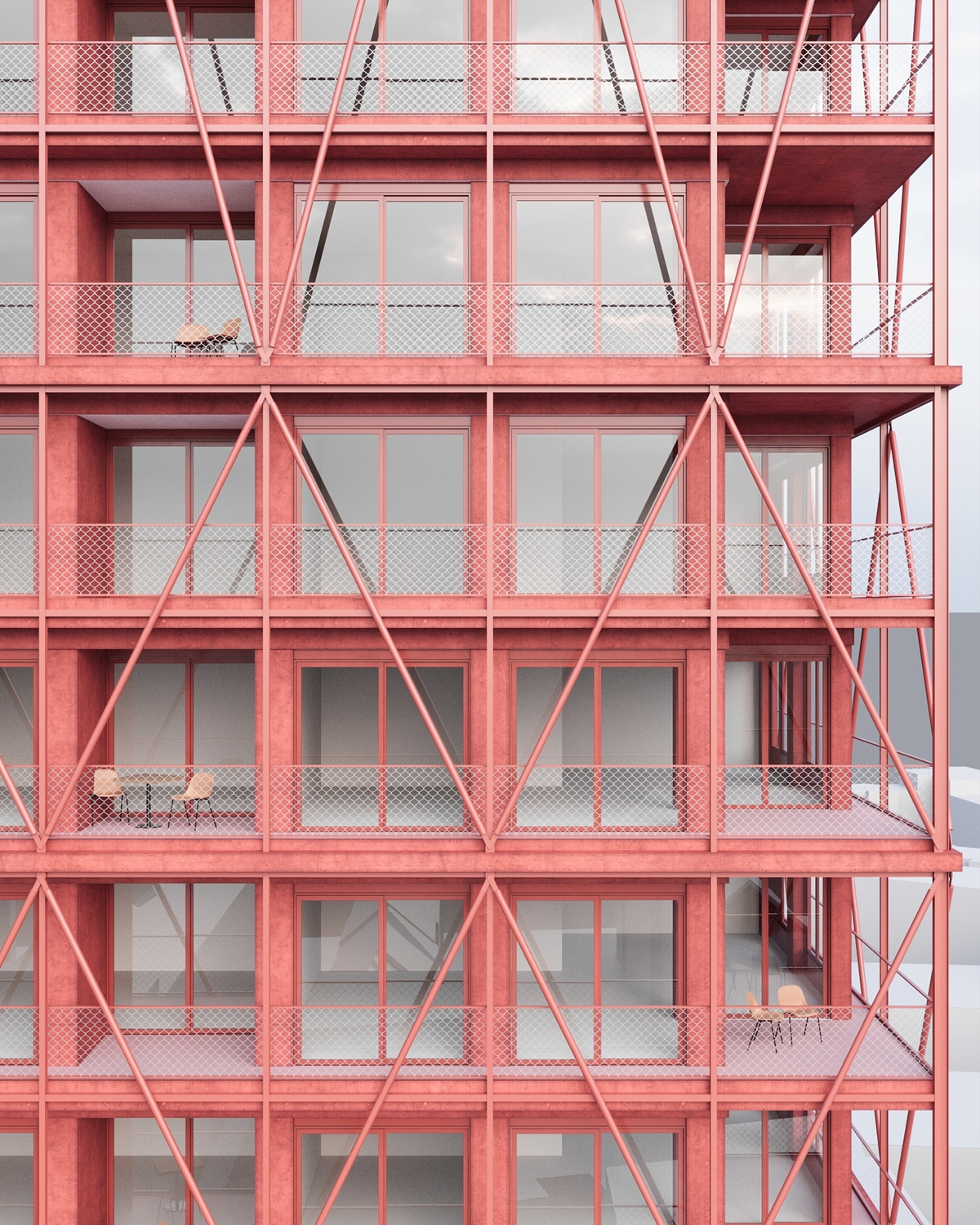 Halle 29 Fassade: Rosa Stahlstruktur mit diagonalen Streben, verglaste Balkone und Maschendraht-Geländer, moderne Wohnarchitektur von &MICA Architekten.