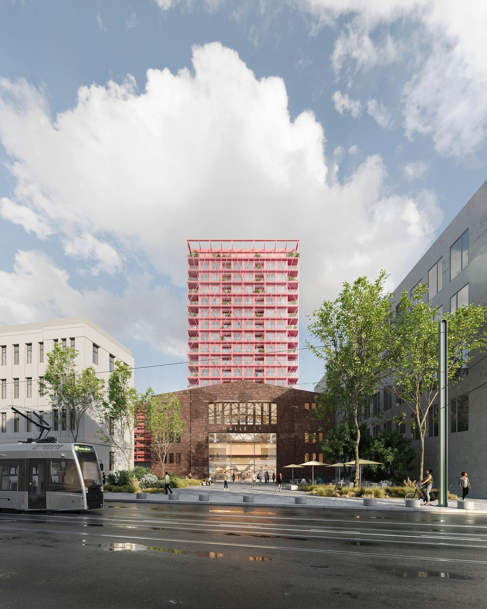 Halle 29 Düsseldorf. Rosa Wohnturm über historischer Backsteinbasis mit urbaner Platzgestaltung, Mixed-Use Architektur und Denkmalschutz von &MICA Architekten