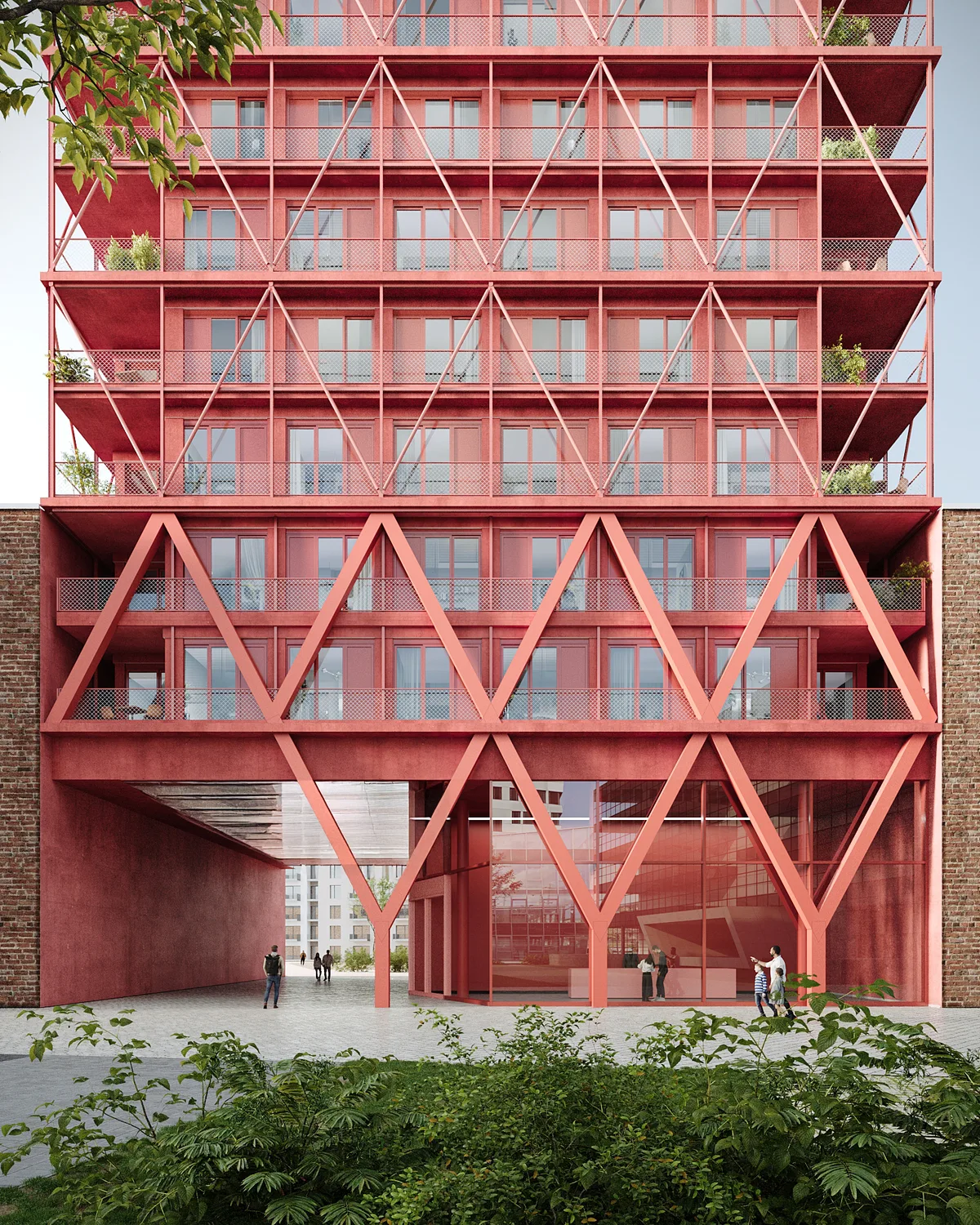 Halle 29: Rosa Wohnturm mit öffentlichem Erdgeschoss-Durchgang, geometrische Stahlstruktur und begrünte Balkone, urbane Quartierarchitektur von &MICA.