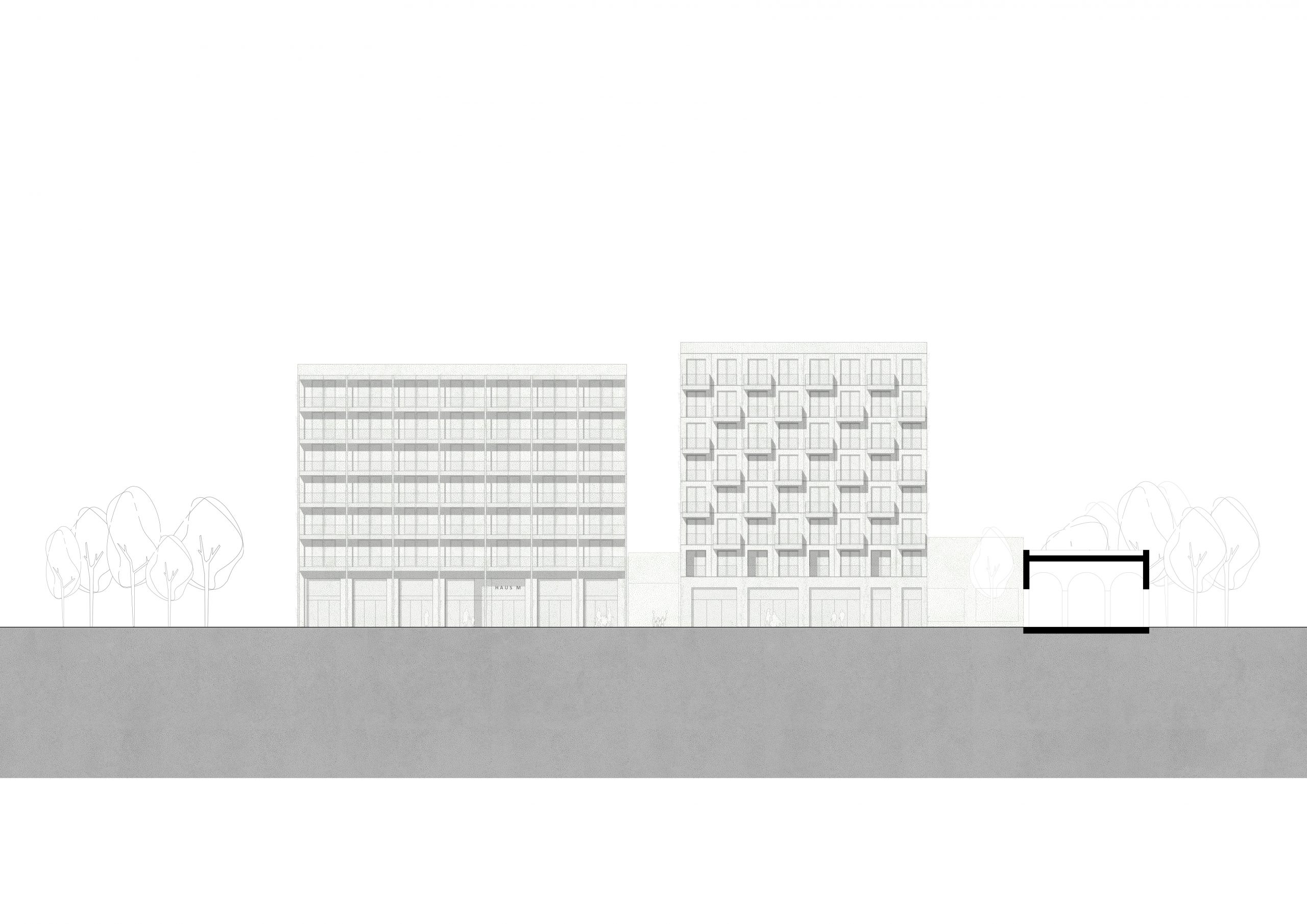 Architektonischer Schnitt des Projekts Dragonerareal in Berlin. Das Gebäude wird in einer Ostansicht gezeigt.