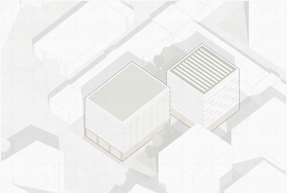 Axometrie des Dragonerareals in Berlin. Architektonische Zeichnung von den neuen Gebäuden und wie sie sich in die Umgebung einschließen.