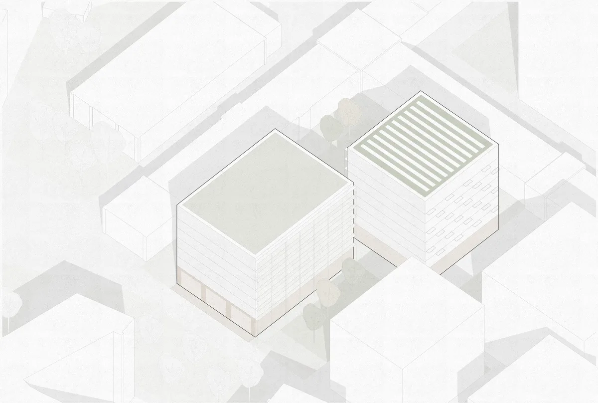 Axometrie des Dragonerareals in Berlin. Architektonische Zeichnung von den neuen Gebäuden und wie sie sich in die Umgebung einschließen.