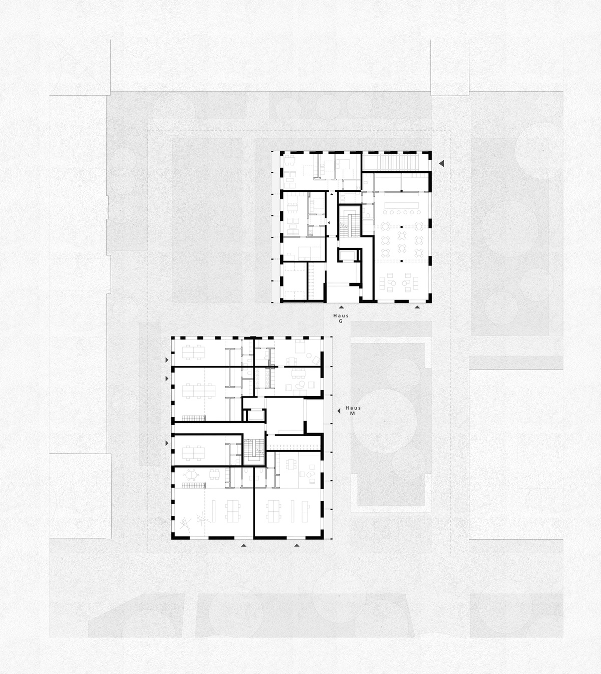 Erdgeschoss Grundriss des Dragonerareals in Berlin. Auf der architektonischen Zeichnung erkennt man verschiedene Wohnräume.