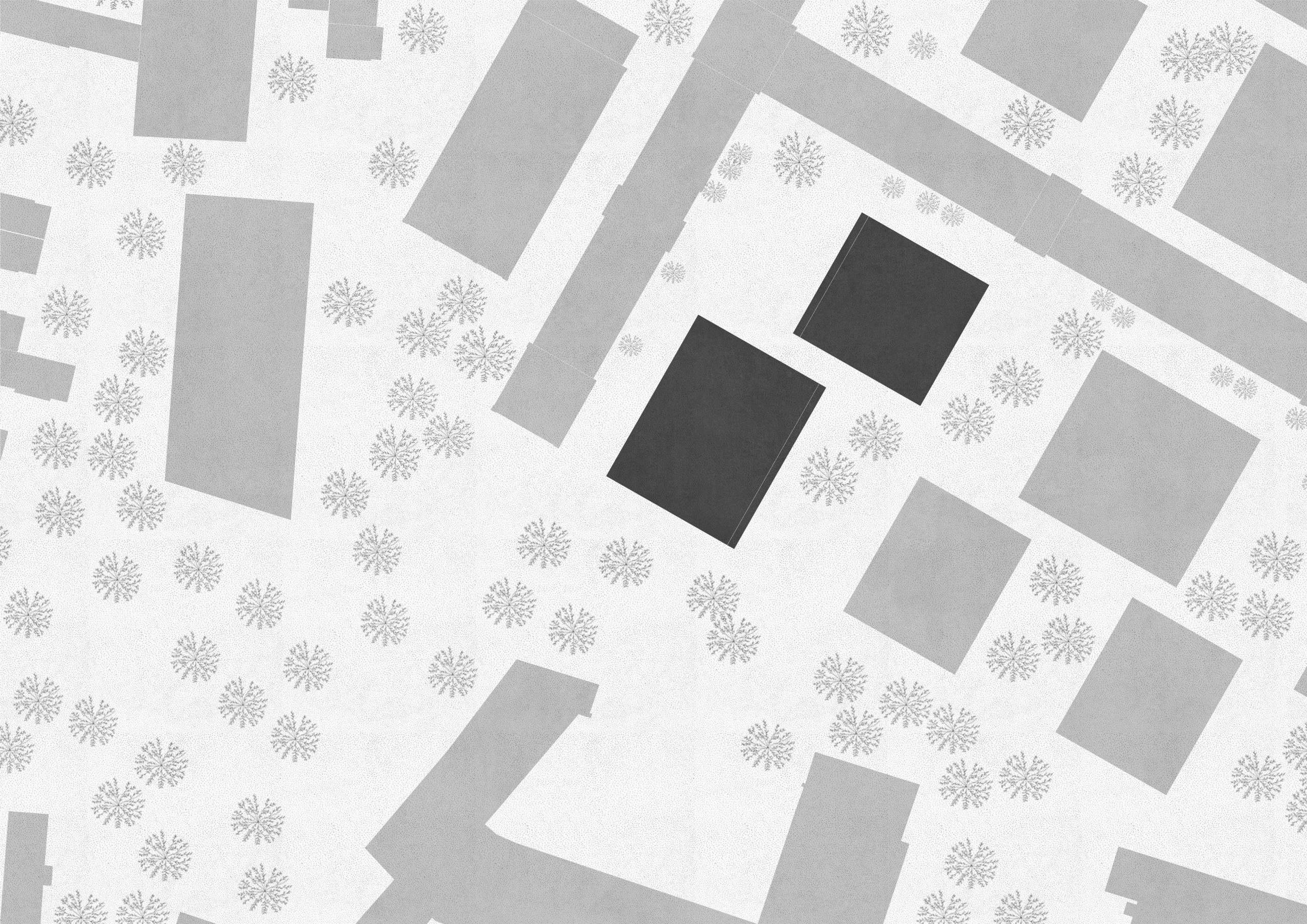 Lageplan des Dragonerareals in Berlin. Die neuen Gebäude sind in schwarz gekennzeichnet, die restliche Umgebung in verschiedenen Grautönen.