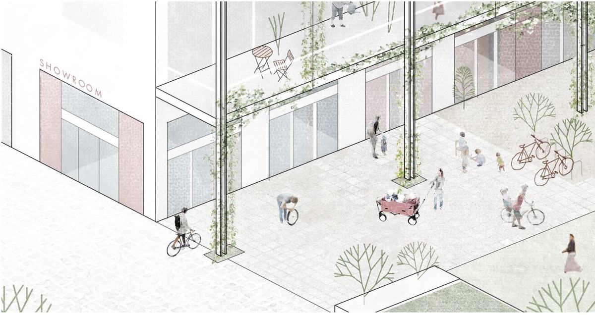 Piktogram des Sockels des Dragonerareals in Berlin. Das Erdgeschoss ist ein Ort des Zusammenkommend. Auf dem Bild sieht man viele verschiedene Menschen die unterschiedliche Sachen machen.