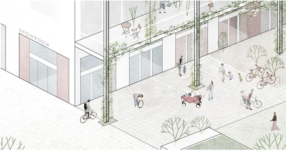 Piktogram des Sockels des Dragonerareals in Berlin. Das Erdgeschoss ist ein Ort des Zusammenkommend. Auf dem Bild sieht man viele verschiedene Menschen die unterschiedliche Sachen machen.