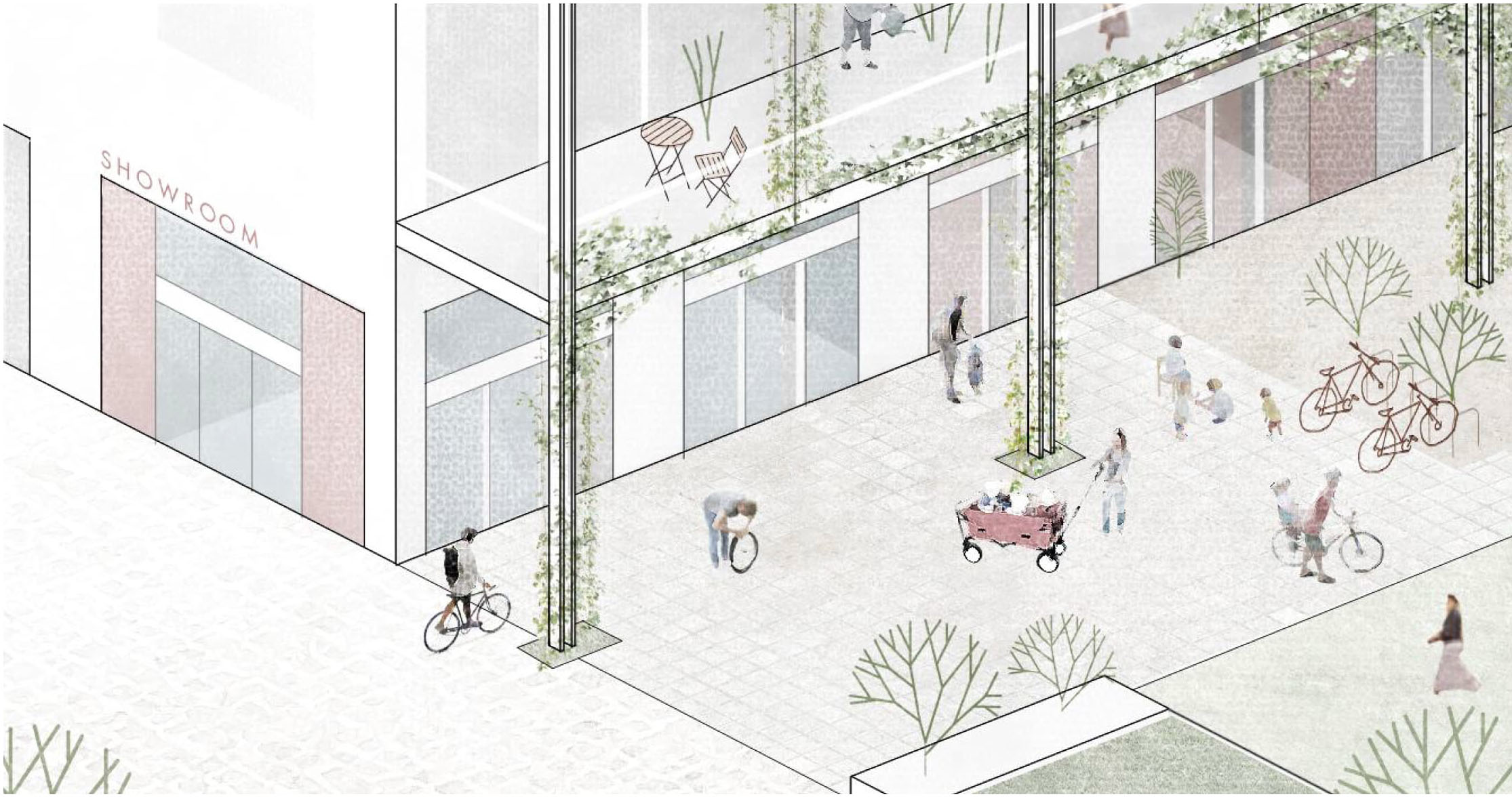 Piktogram des Sockels des Dragonerareals in Berlin. Das Erdgeschoss ist ein Ort des Zusammenkommend. Auf dem Bild sieht man viele verschiedene Menschen die unterschiedliche Sachen machen.