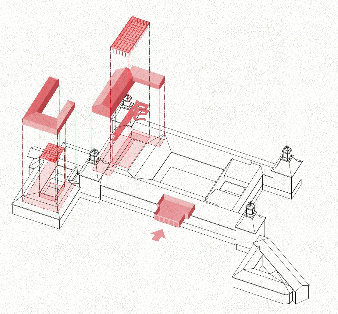Axonometrische Darstellung baulicher Eingriffe im historischen Gebäudekomplex der Universität Bonn. Visualisierung von Dachaufbauten, Volumenergänzungen und Umbaumaßnahmen im Kontext von Denkmalschutz und Bestandssanierung.