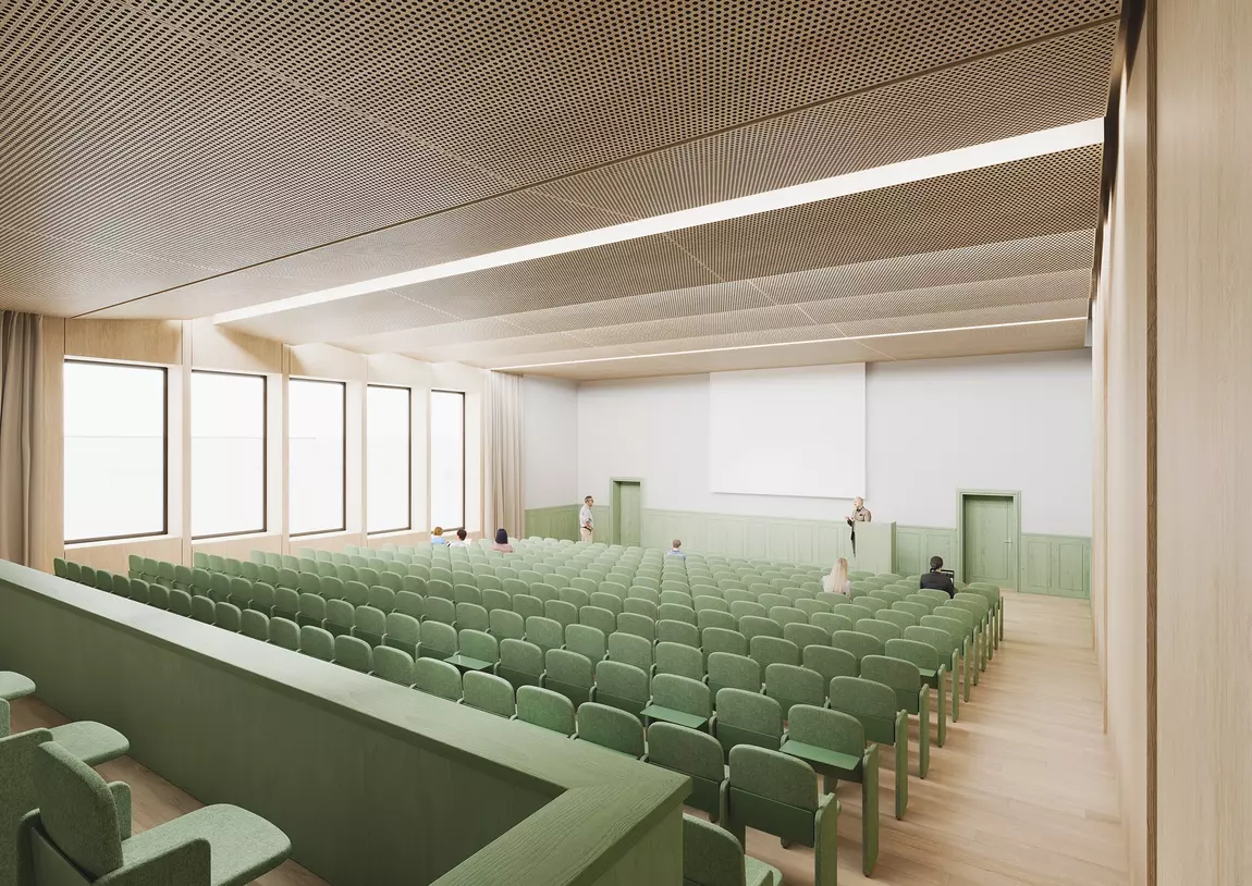 Moderner Hörsaal mit grüner Bestuhlung, Holzfußboden und akustisch wirksamer Deckenstruktur – architektonische Visualisierung eines nachhaltigen Veranstaltungs- und Hörsaalbaus mit Tageslichtnutzung und zeitgemäßem Innenraumdesign.