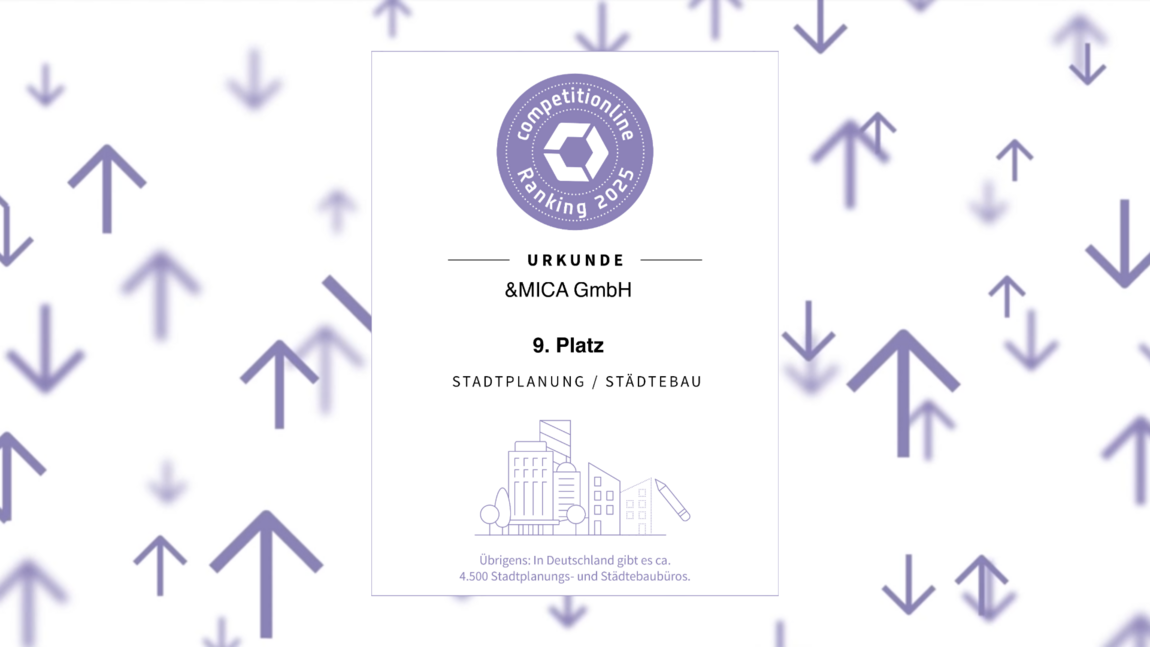 Urkunde des competitionline Ranking 2025 für &MICA GmbH: 9. Platz in der Kategorie Stadtplanung / Städtebau. Im Hintergrund stilisierte Pfeile in Lila, die nach oben und unten zeigen. Hinweis auf der Urkunde: In Deutschland gibt es ca. 4.500 Stadtplanungs- und Städtebaubüros.