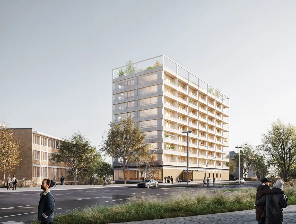 Architekturvisualisierung eines mehrgeschossigen Wohngebäudes mit Dachterrasse, Balkonen und Fassadenbegrünung entlang einer städtischen Magistrale