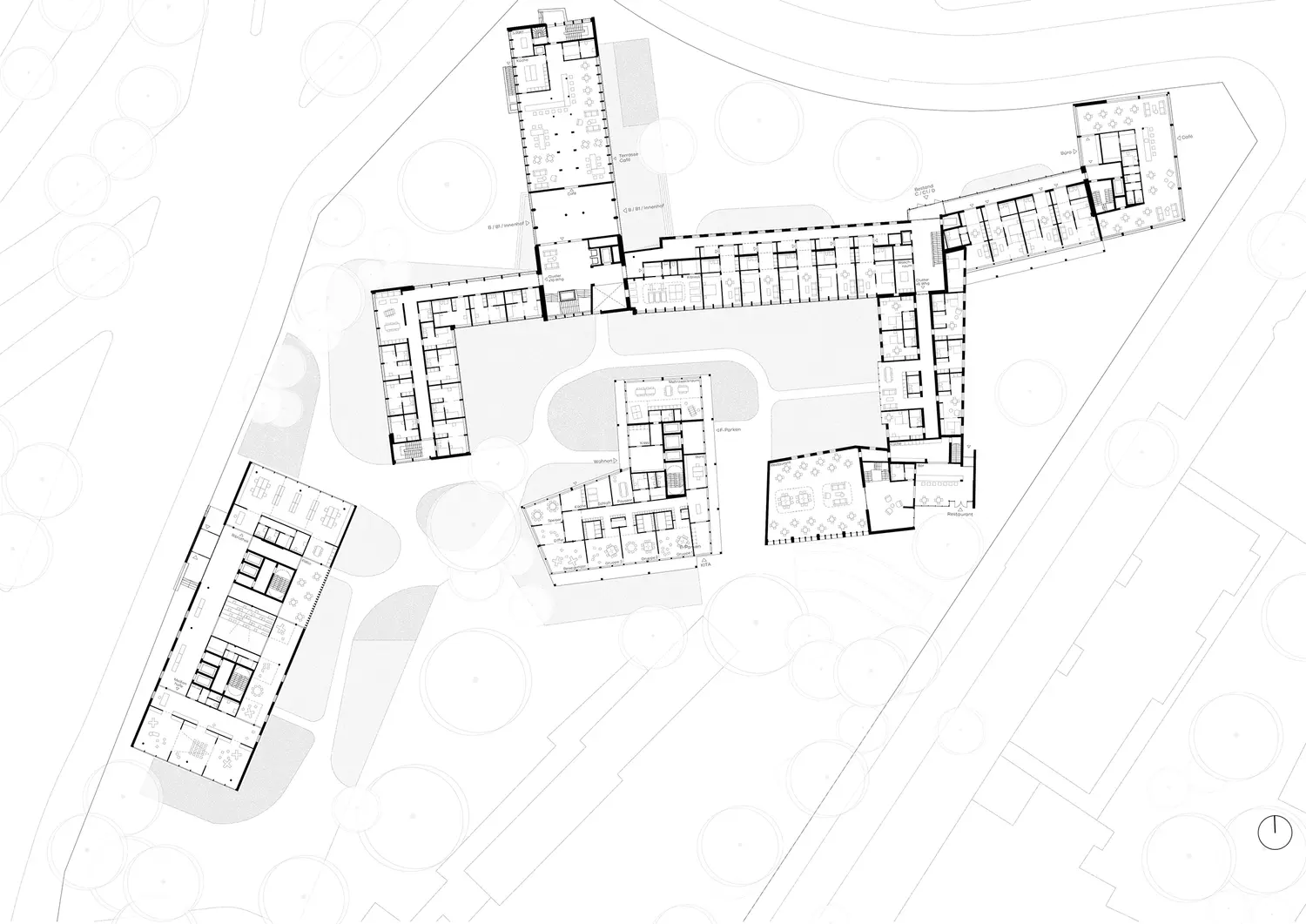 Grundriss Erdgeschoss eines Wohnquartiers mit Clusterwohnungen, Café, Bibliothek, Kita und Restaurant – Nutzungsmix im Wohnungsbau