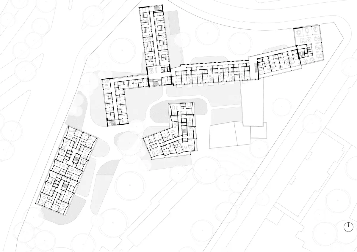 Regelgeschoss-Grundriss eines Wohnbauprojekts mit Clusterwohnungen und Gemeinschaftsflächen in mäanderförmiger Gebäudestruktur