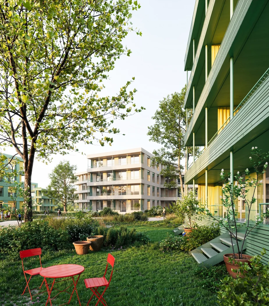 Architekturvisualisierung eines Wohnquartiers im Park mit begrünten Holz- und Klinkerfassaden, umlaufenden Balkonen und spielenden Kindern auf der Wiese.