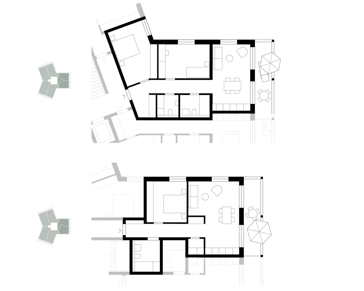 Wohnungsgrundrisse Typ 1: Zwei Wohnungstypen mit Wohnküche, Schlafzimmern, Bädern und Balkon sowie Verortung im Geschossgrundriss des dreiflügeligen Wohngebäudes.