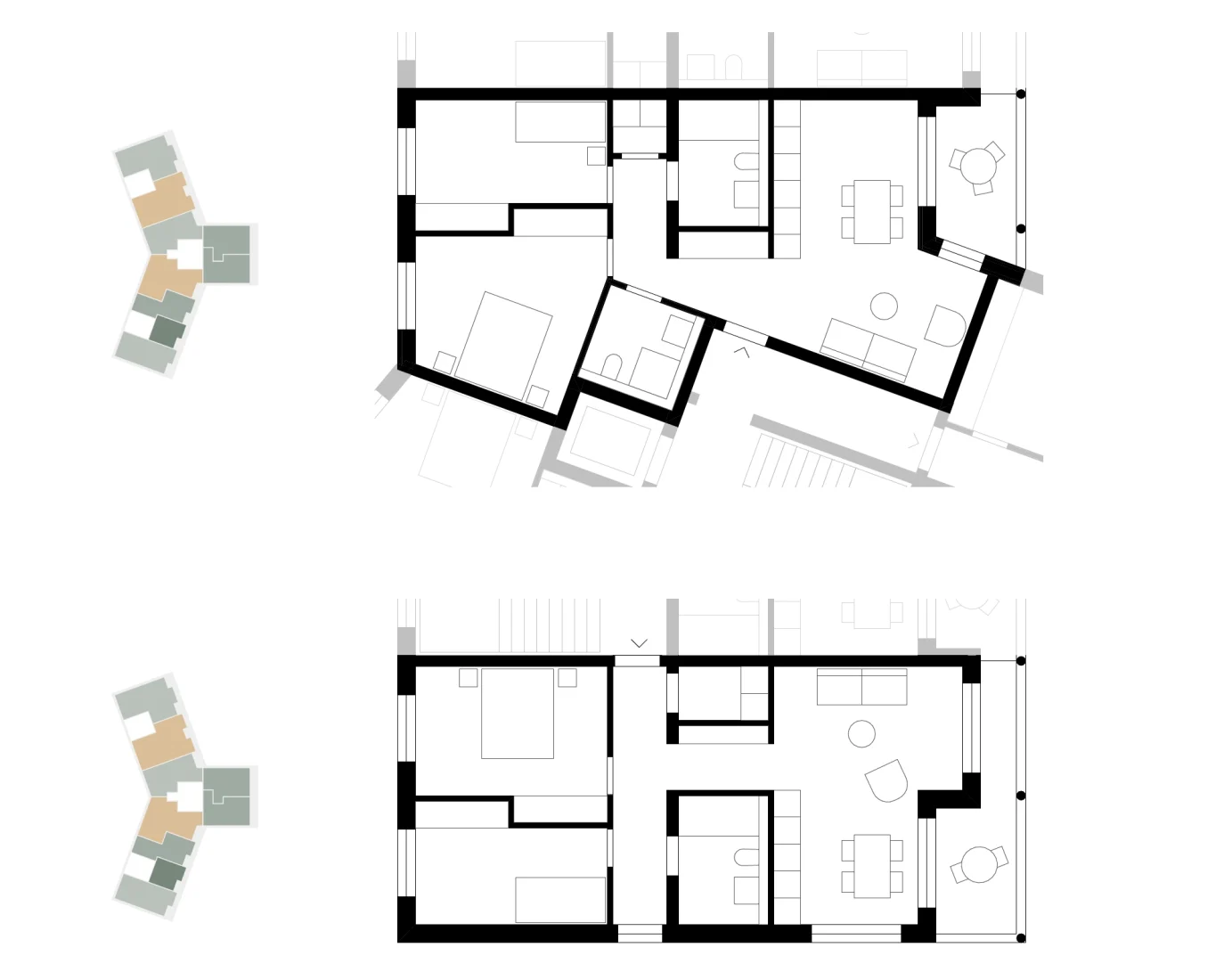 Wohnungsgrundrisse Typ 2: Zwei Wohnungen mit offenem Wohn- und Essbereich, mehreren Zimmern und Balkon mit Lageschema im Y-förmigen Wohngebäude.