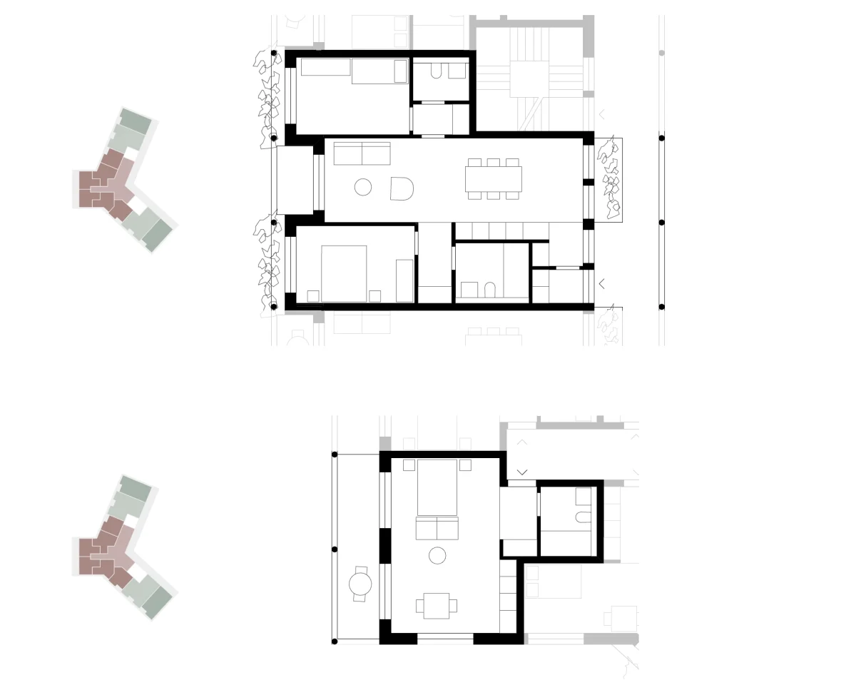 Wohnungsgrundrisse Typ 3: Eine großzügige Wohnung mit Loggia und ein kompaktes Apartment im Geschosswohnungsbau mit farbiger Verortung im Gebäudegrundriss.